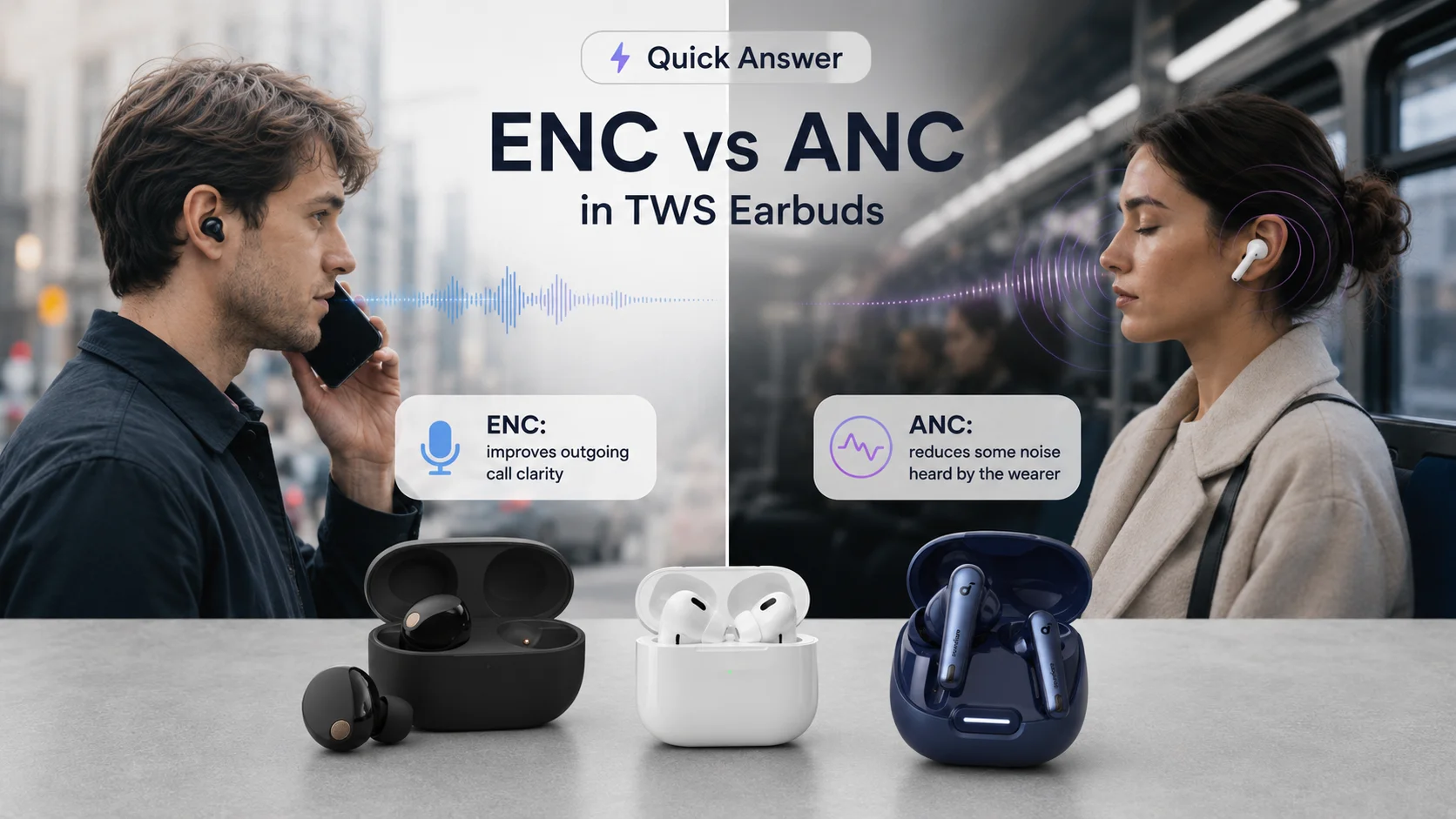 ENC vs ANC in TWS earbuds quick comparison for clear calls and quiet listening