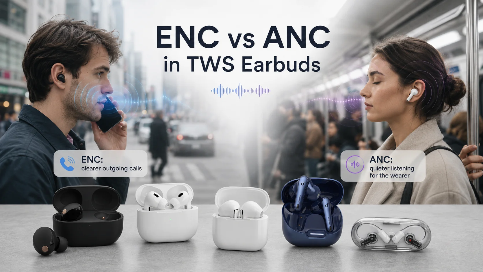 ENC vs ANC in TWS earbuds showing call noise reduction and listening noise reduction