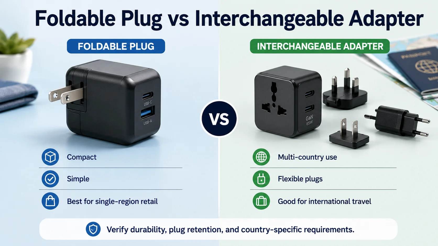 Foldable plug and universal travel chargers Foldable plug travel chargers and interchangeable universal adapters