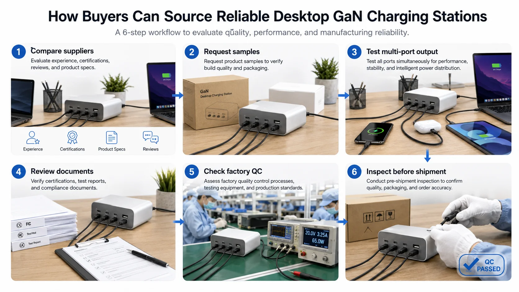 China sourcing process for desktop GaN charging stations and office charger quality control