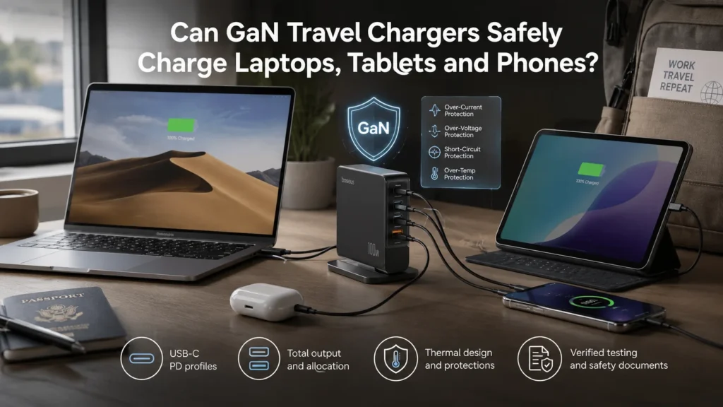 A GaN 100W travel charger powering a laptop, tablet, and smartphone on a desk with a passport, mug, and travel accessories nearby.