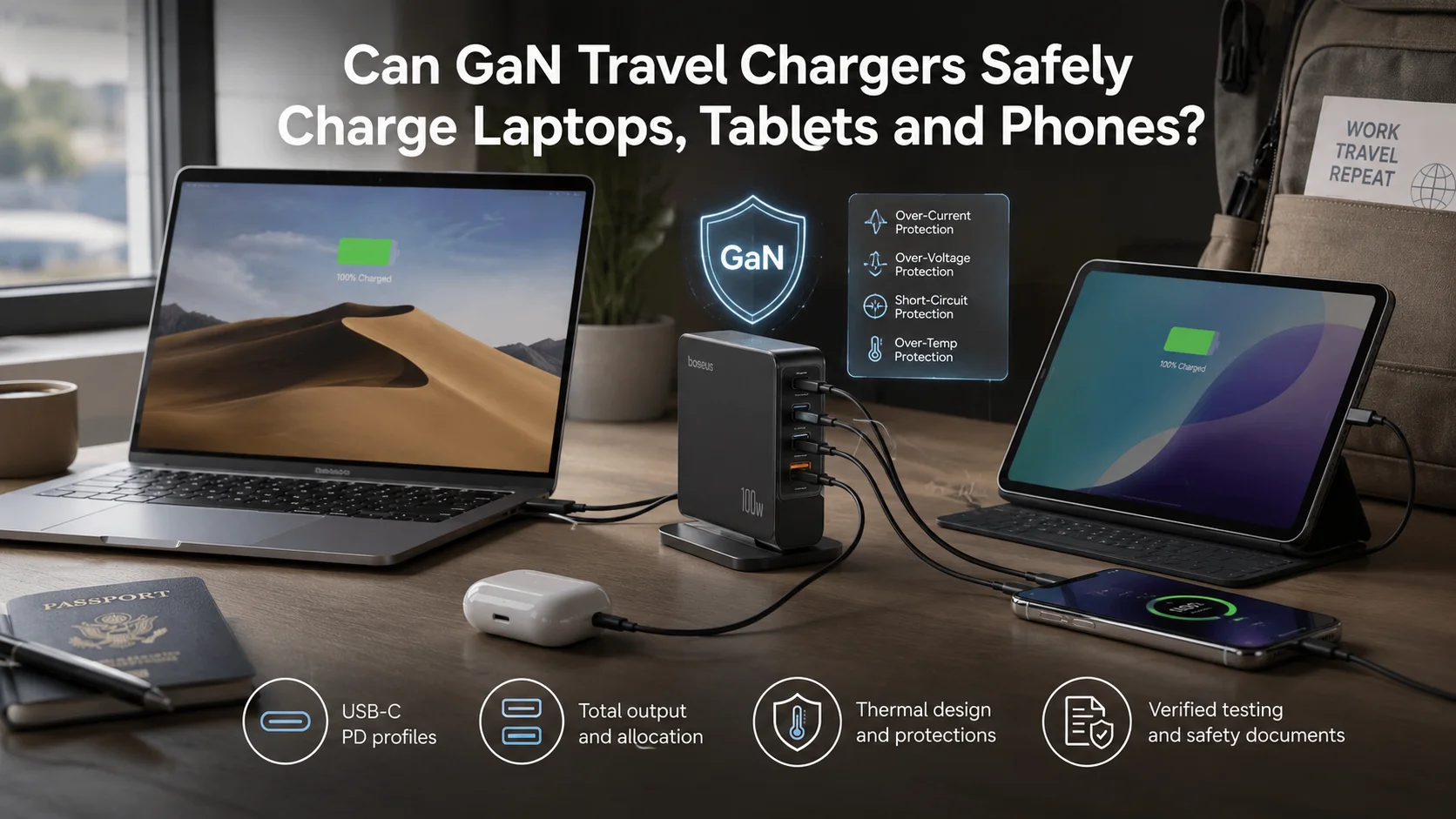 GaN travel charger laptop and phone charging GaN travel chargers charging laptops tablets and phones