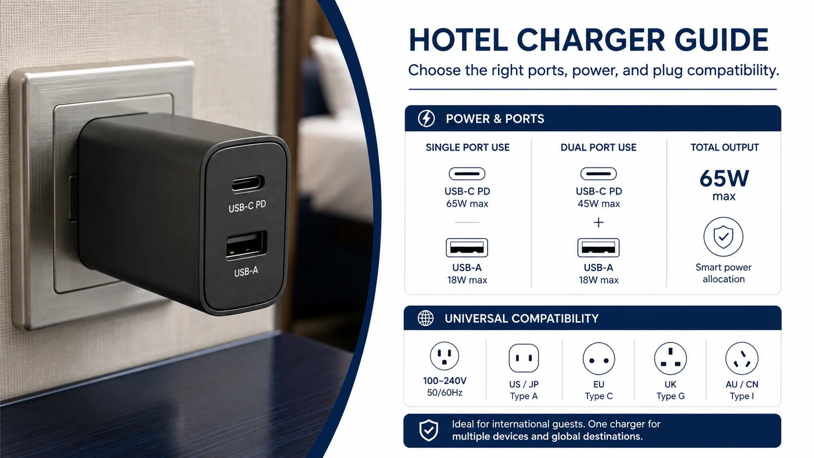 Hotel charger ports and power output guide Hotel charging solutions with USB-C power delivery and universal plug options