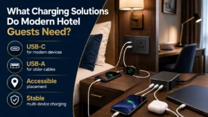 Hotel setup featuring USB-C and USB-A charging solutions with multiple devices connected, including phones, a smartwatch, and AirPods on a bedside table.