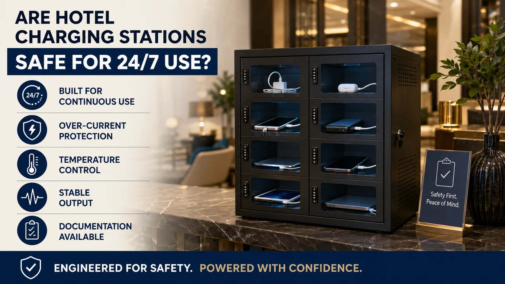 B2B hotel charging solutions by hotel zone Hotel charging solutions for bedside tables, desks, and public areas