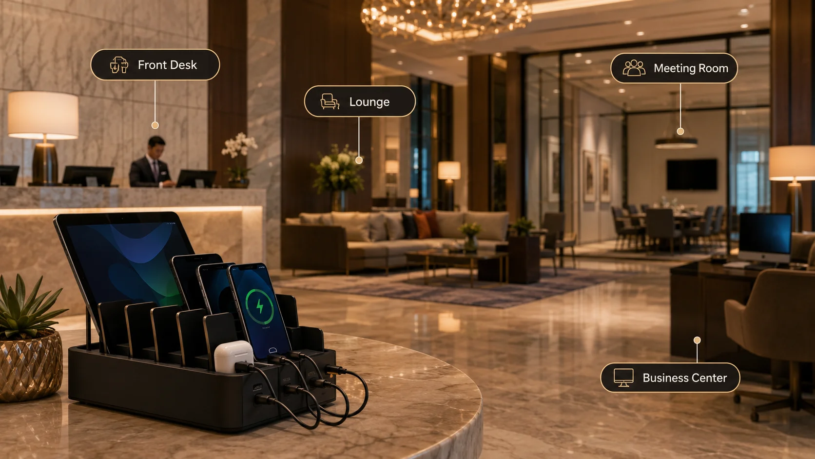 Hospitality multi-device charging station Multi-device hotel charging solutions for lobby and meeting rooms