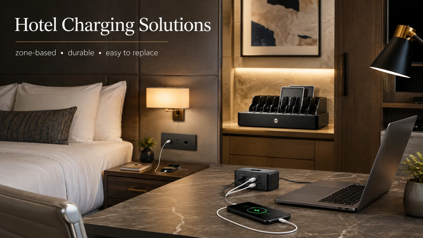 Hotel charging solutions for hospitality businesses Hotel charging solutions with USB-C and USB-A ports for guest rooms