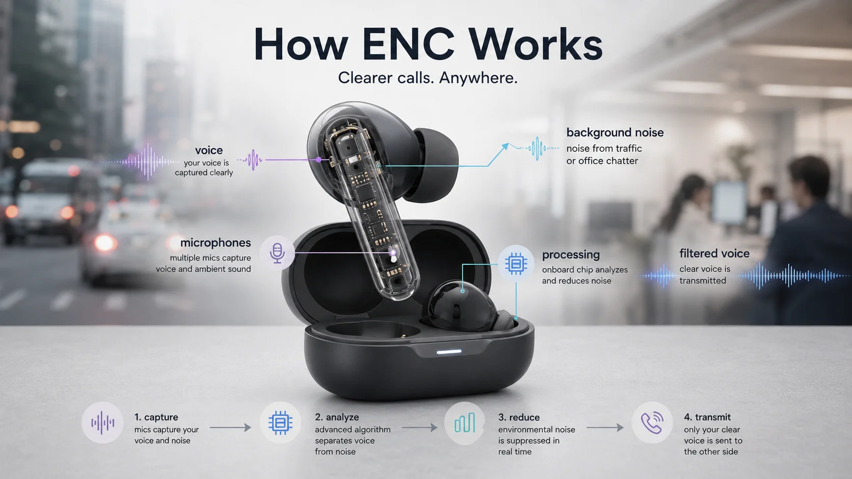ENC microphone TWS earbuds using microphones and DSP for clearer calls