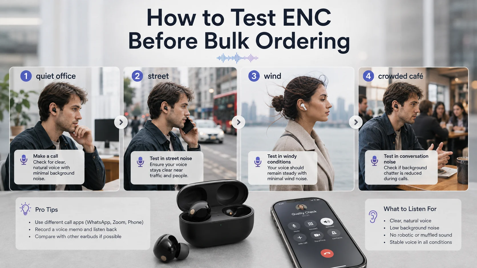 Testing ENC TWS earbuds for street noise wind noise and business calls