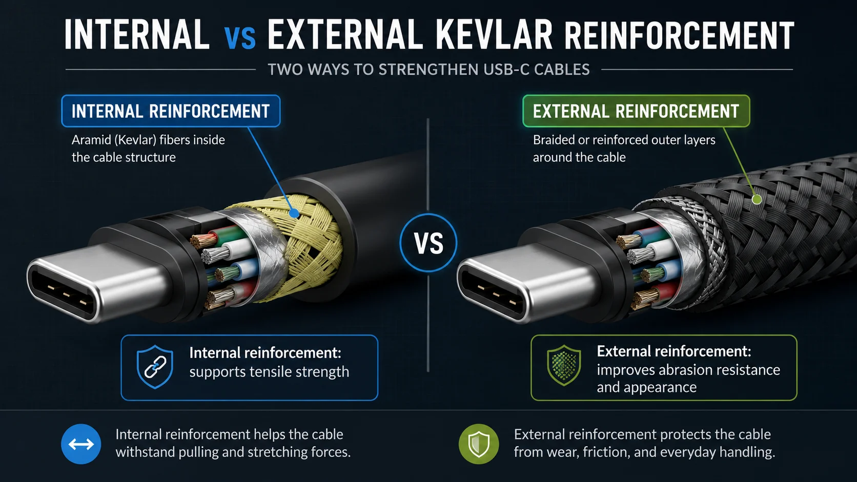 Internal vs External Kevlar USB-C Reinforcement Internal and external Kevlar-reinforced USB-C cable layers