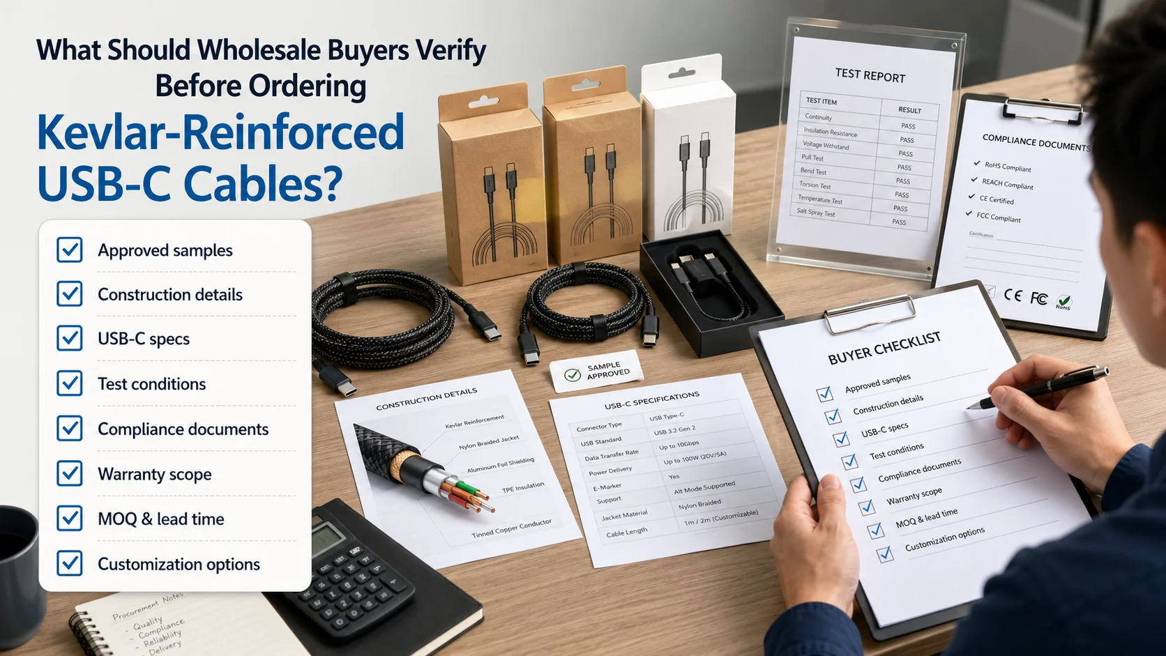 Kevlar USB-C Cable Supplier Verification Checklist Wholesale buyer inspection of Kevlar-reinforced USB-C cables