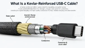 An exploded view diagram of a Kevlar-reinforced USB-C cable showing different parts such as the outer jacket, Kevlar reinforcement, conductors, and connector.