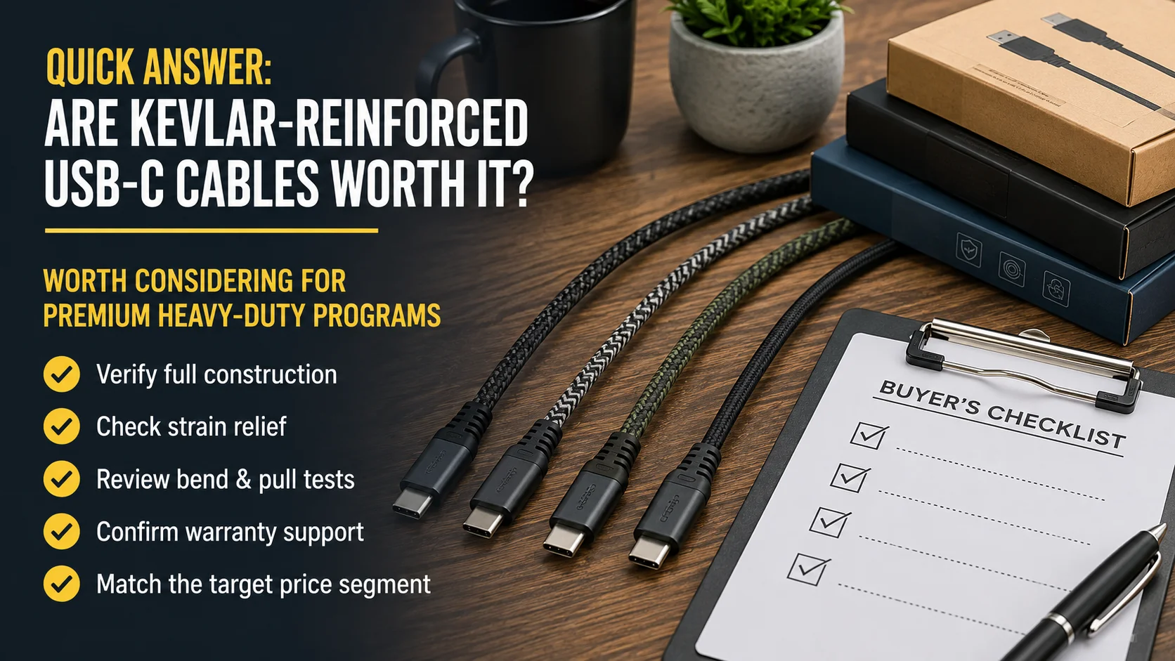 Heavy-Duty Kevlar USB-C Cable Construction Kevlar-reinforced USB-C cables with reinforced strain relief