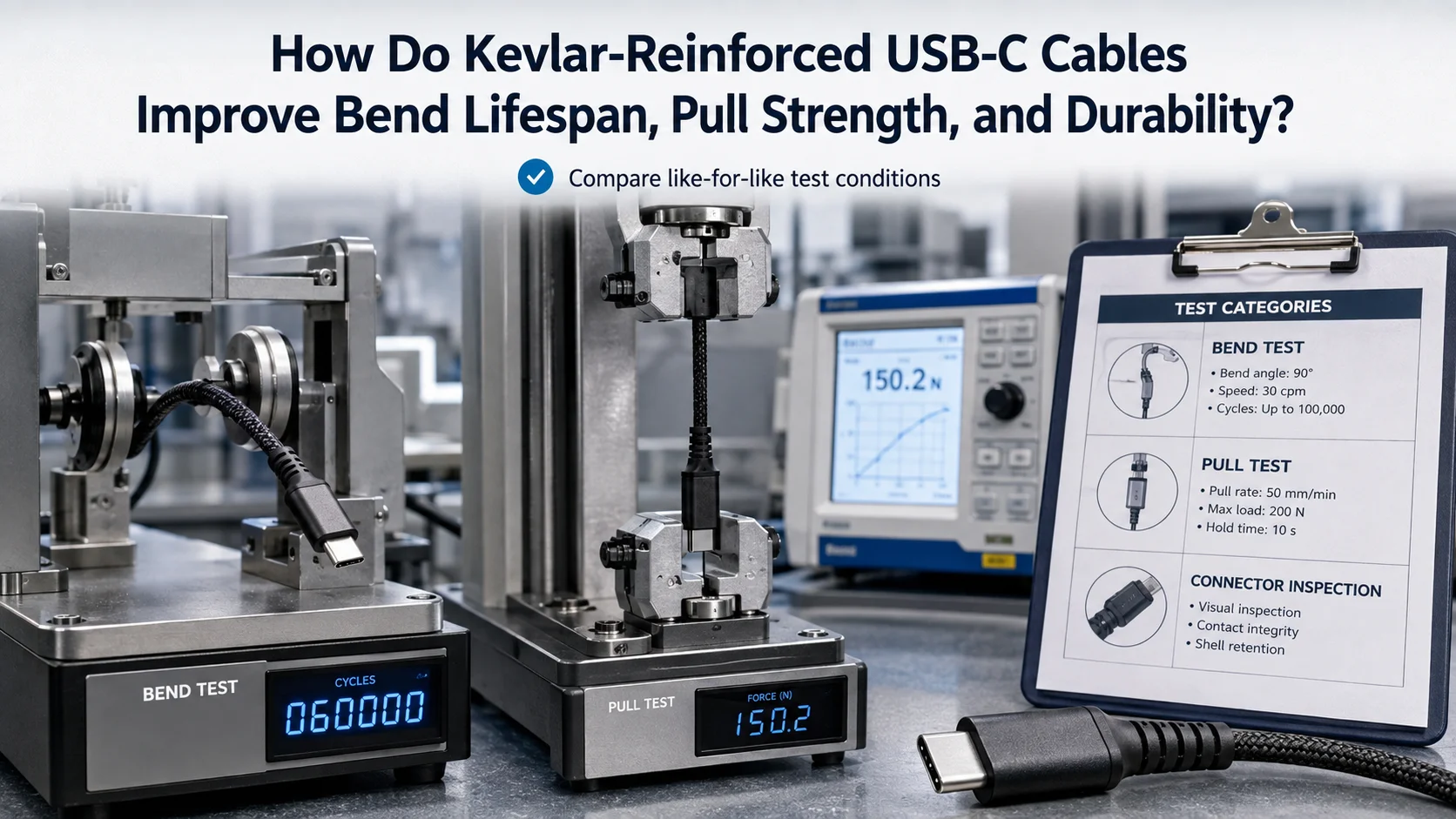 Durability Testing for Reinforced USB-C Cables Kevlar-reinforced USB-C cables tested for bend and pull resistance
