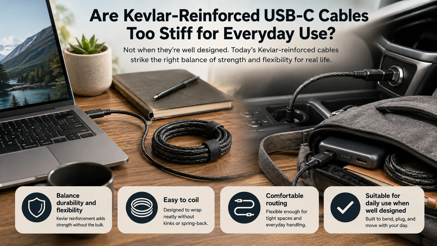 Flexible Heavy-Duty Kevlar USB-C Cable Flexible Kevlar-reinforced USB-C cables for everyday charging