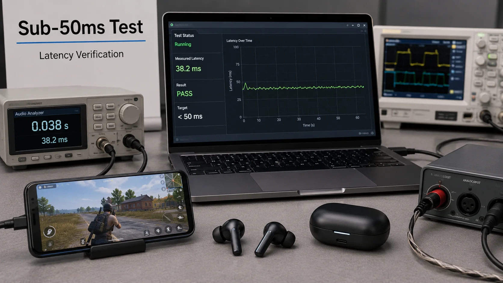 Sub-50ms Earbuds Verification Sub-50ms low-latency TWS gaming earbuds verification test for wholesale procurement