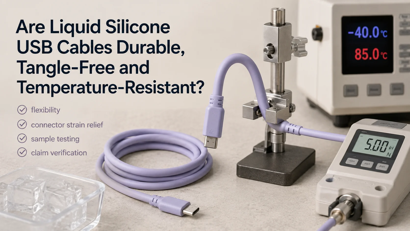 Liquid silicone USB cables tested for flexibility and connector workmanship