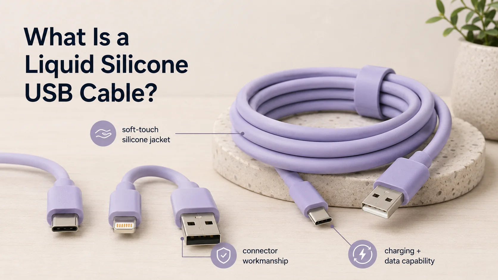 Liquid silicone USB cables with USB-C and Lightning connector options