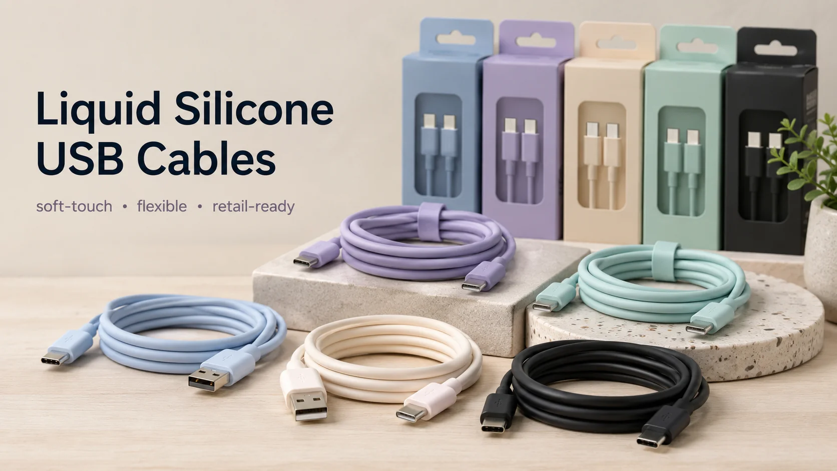 Liquid silicone USB cables in colorful soft-touch retail packaging