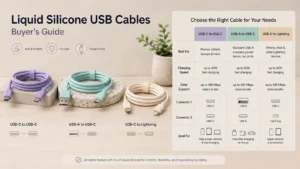 Product comparison chart for liquid silicone USB cables, showing options for USB-C to USB-C, USB-A to USB-C, and USB-C to Lightning, along with their flexibility, durability, and tangle-free design.