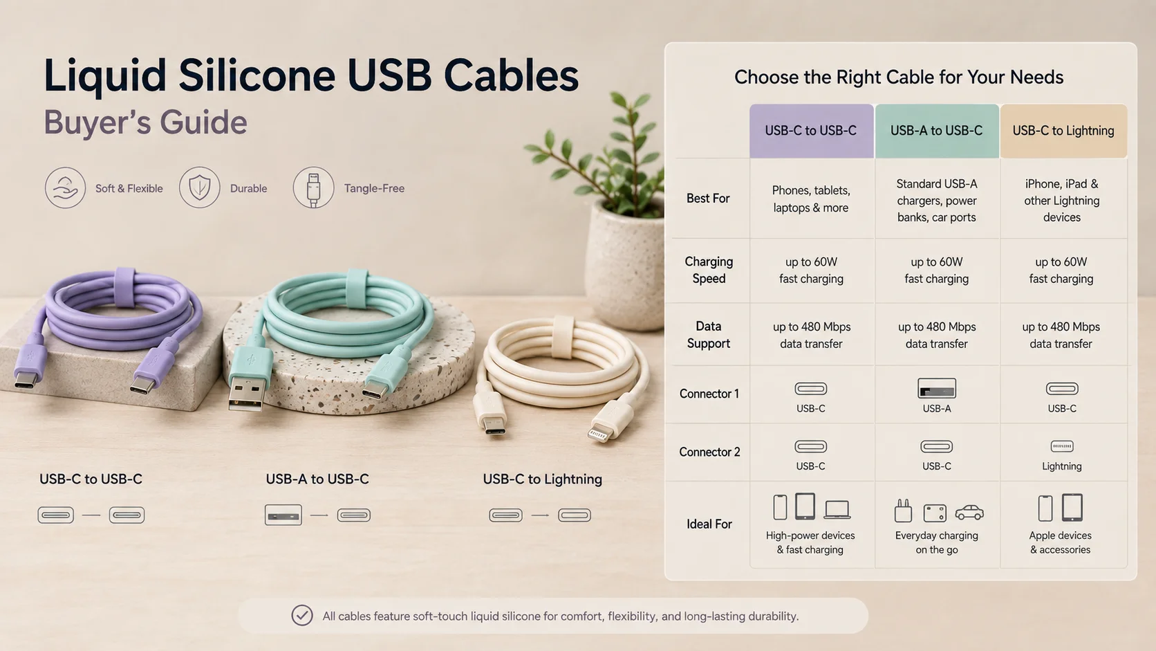 Liquid silicone USB cables with USB-C fast charging connector configurations