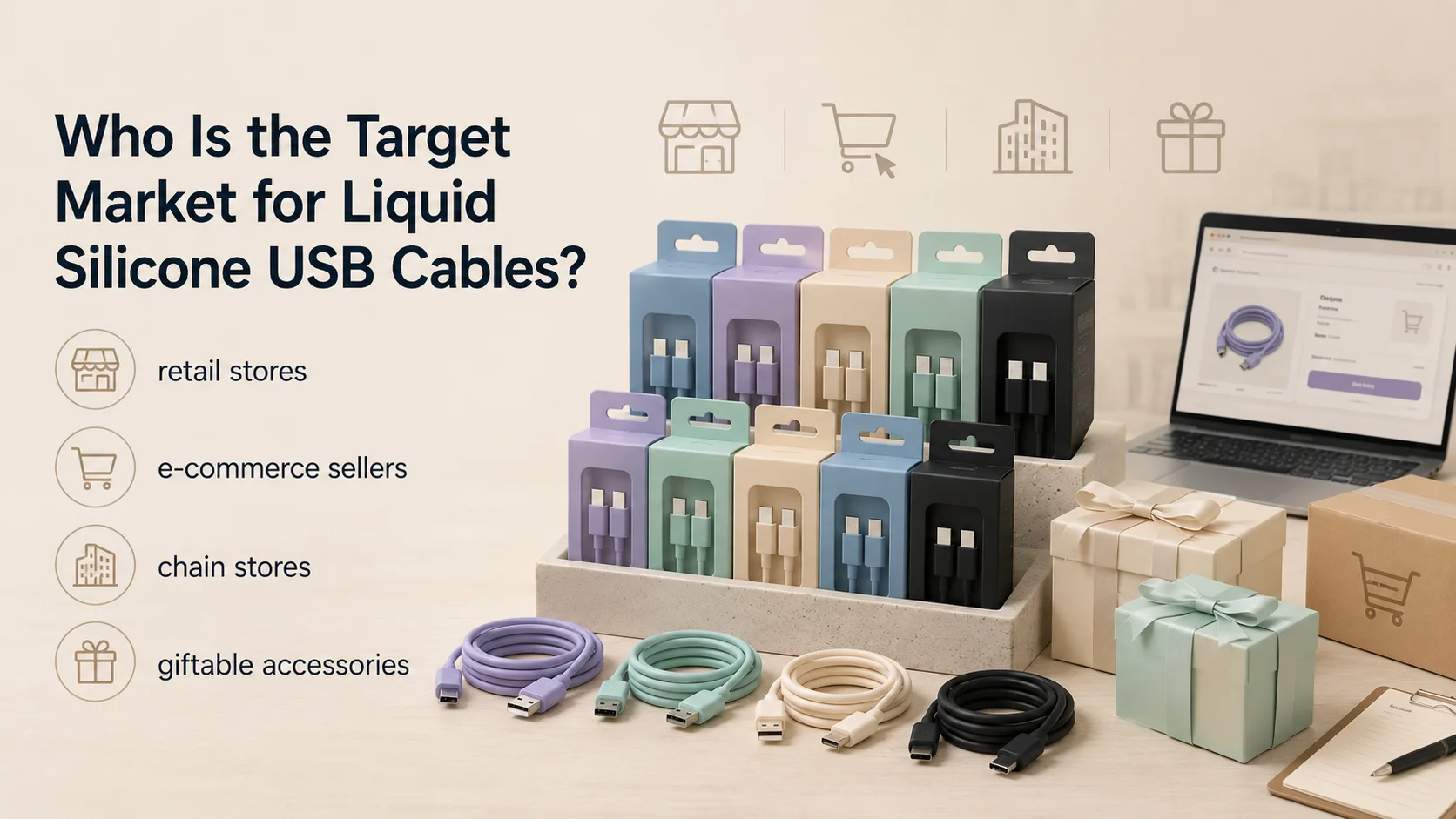 Liquid silicone USB cables for retail stores e-commerce sellers and gift displays