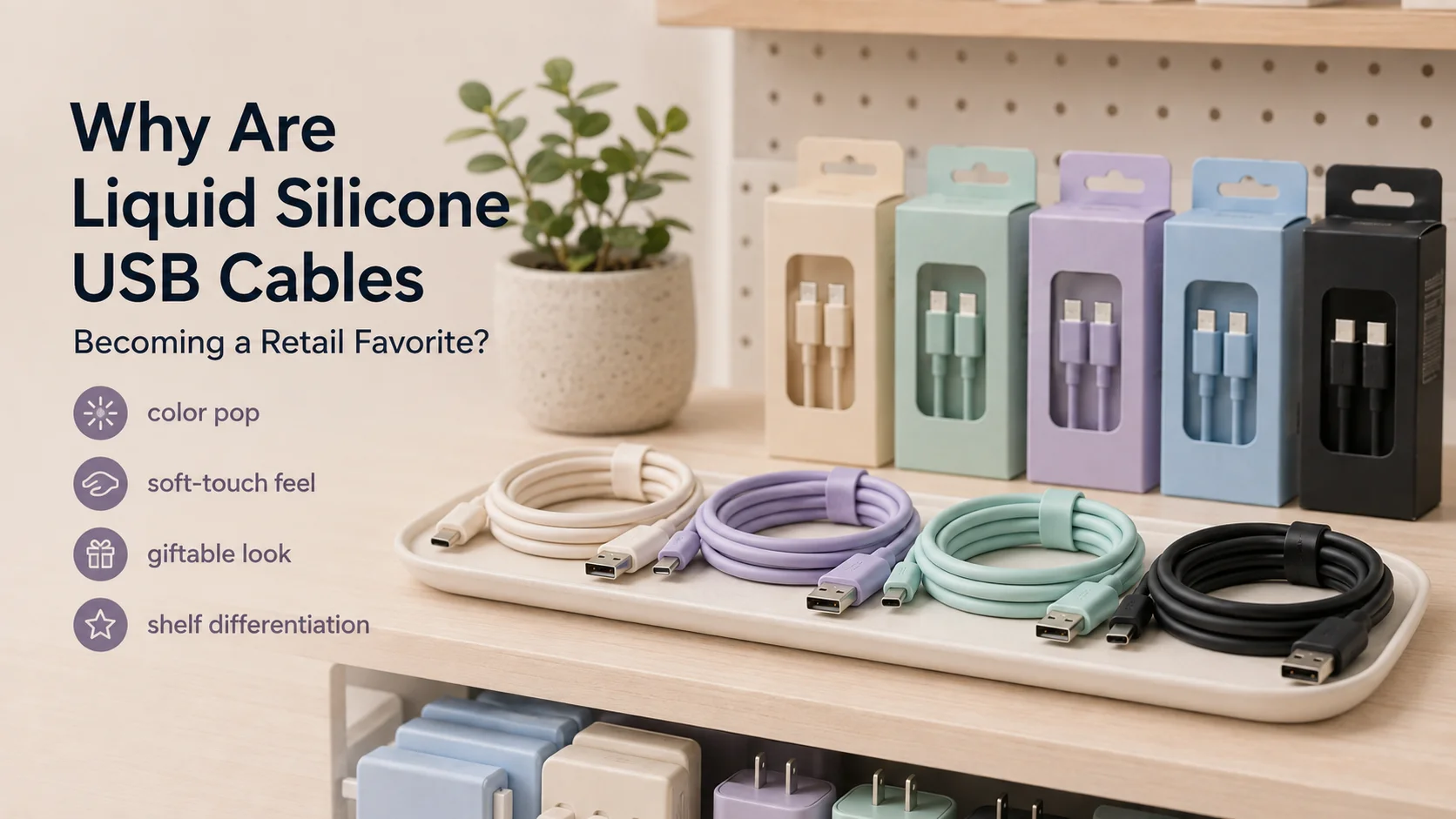 Colorful liquid silicone USB cables for lifestyle retail displays