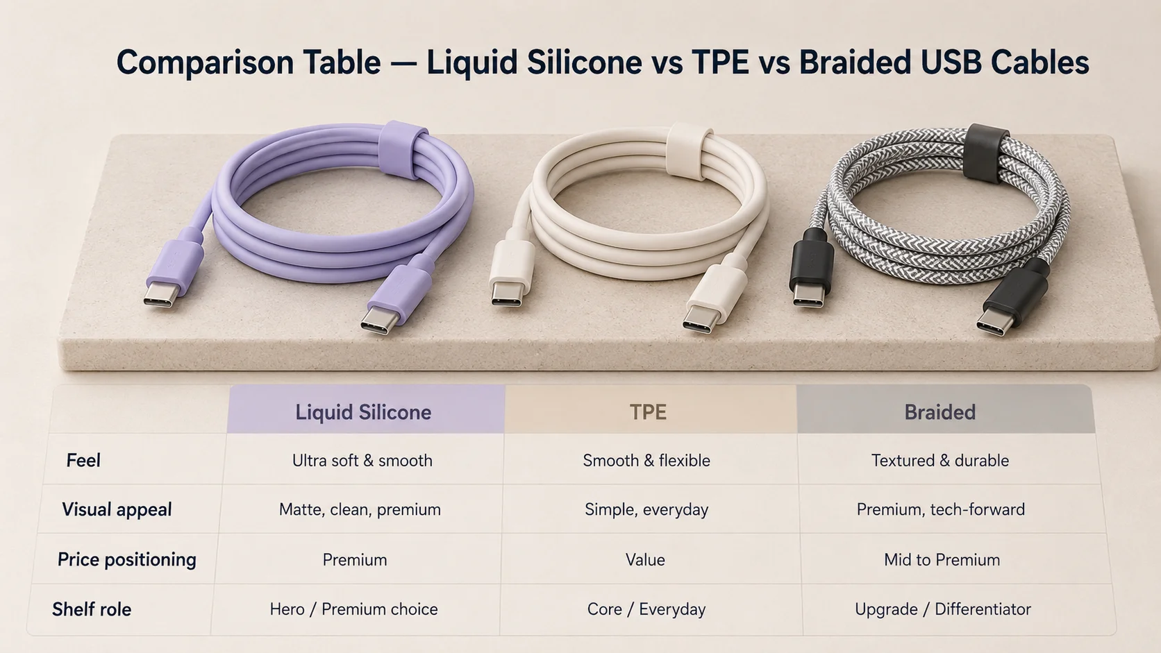 Liquid silicone USB cables compared with TPE and braided charging cables