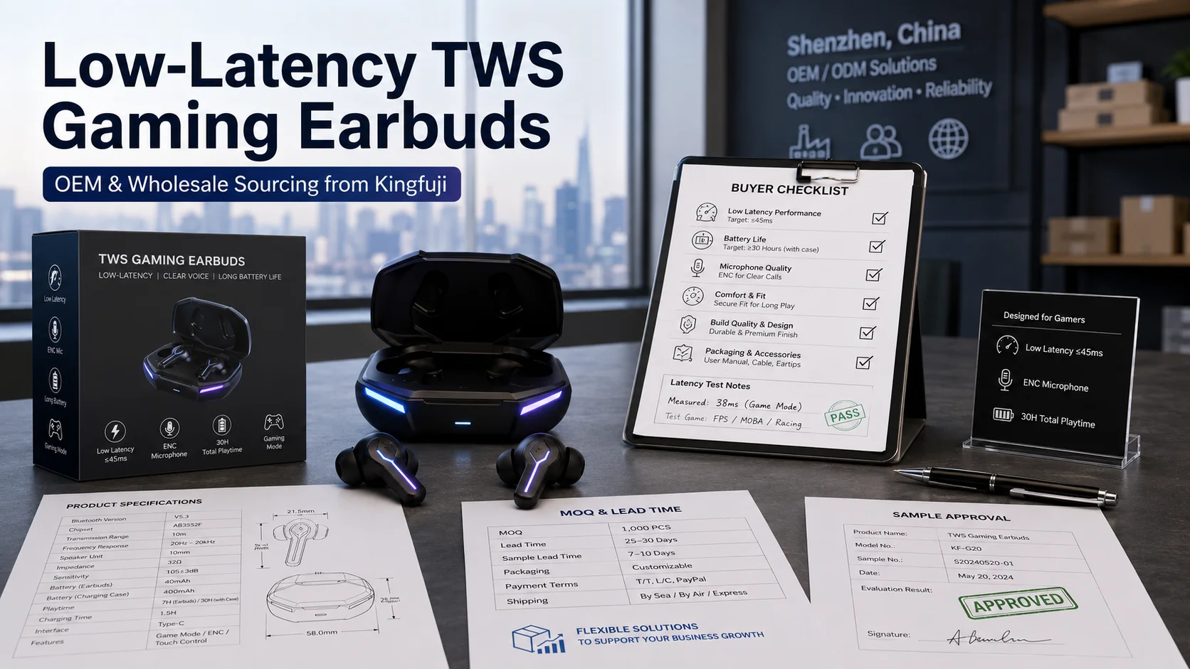 Kingfuji Gaming TWS Earbuds Wholesale Kingfuji low-latency TWS gaming earbuds wholesale sourcing and custom packaging