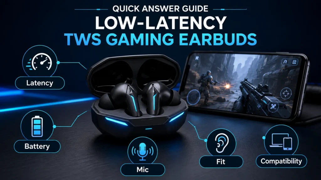 Low-latency TWS gaming earbuds with illuminated design, displayed next to a phone showing a first-person shooter game. Key features highlighted include latency, battery life, mic, fit, and compatibility.