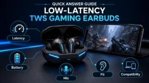 Low-latency TWS gaming earbuds with illuminated design, displayed next to a phone showing a first-person shooter game. Key features highlighted include latency, battery life, mic, fit, and compatibility.