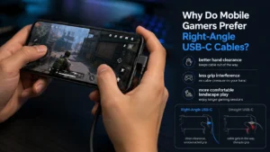 Close-up of hands holding a smartphone with a right-angle USB-C cable while playing a shooting game, highlighting ergonomic benefits.