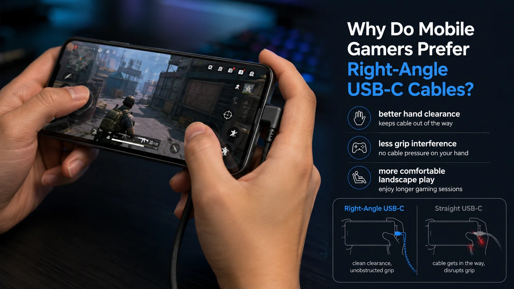 Mobile gamer using a right-angle USB-C cable in landscape mode