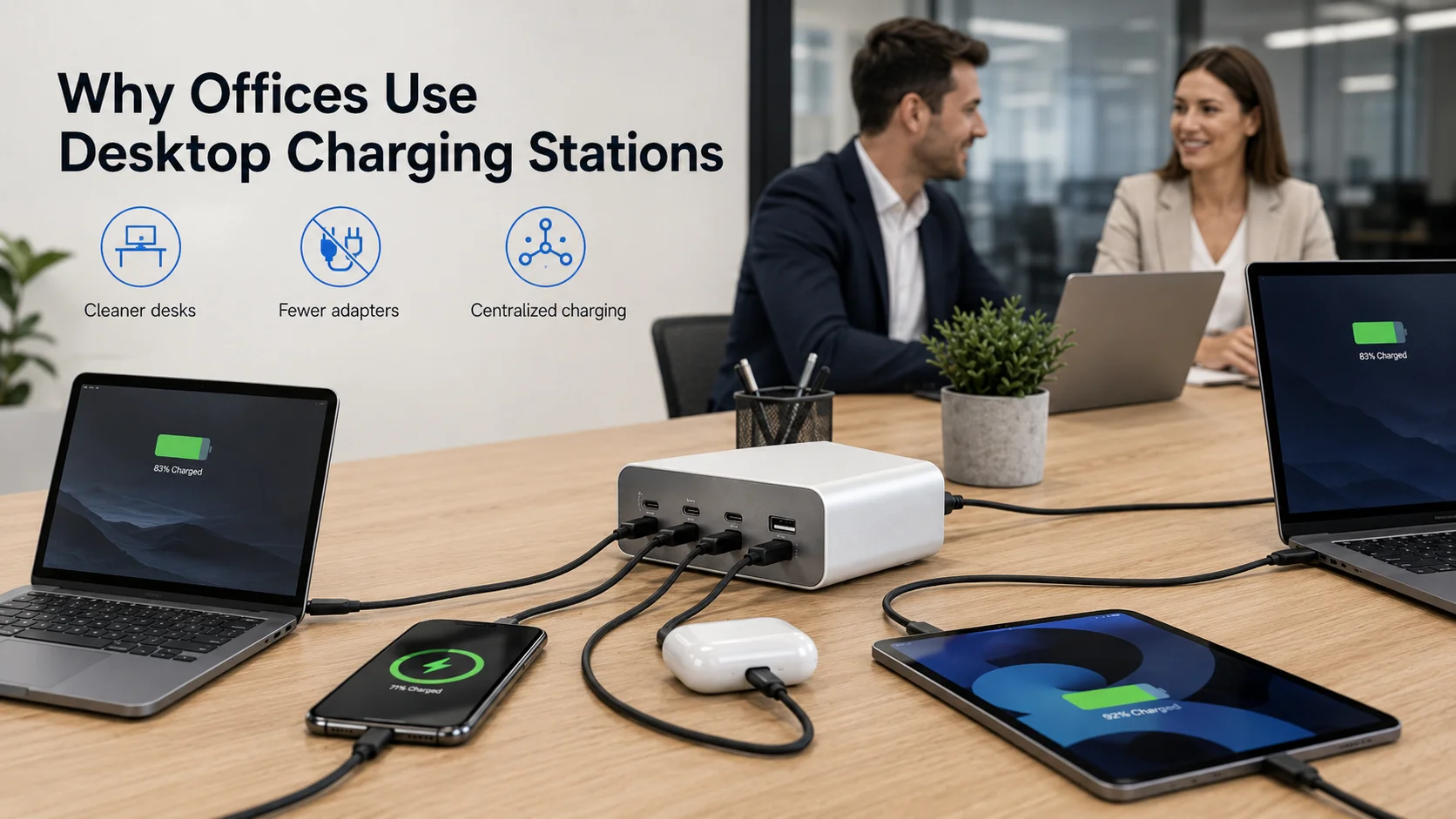 office charging station with laptop phone tablet and USB-C desk charging ports