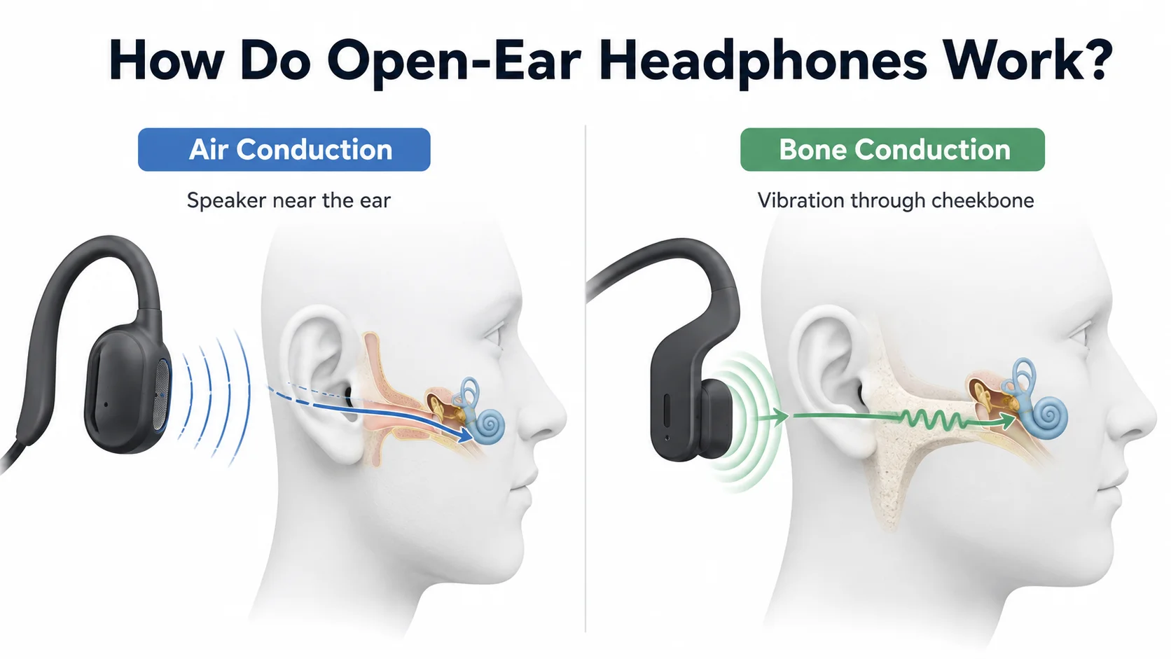 How air conduction and bone conduction open-ear headphones work