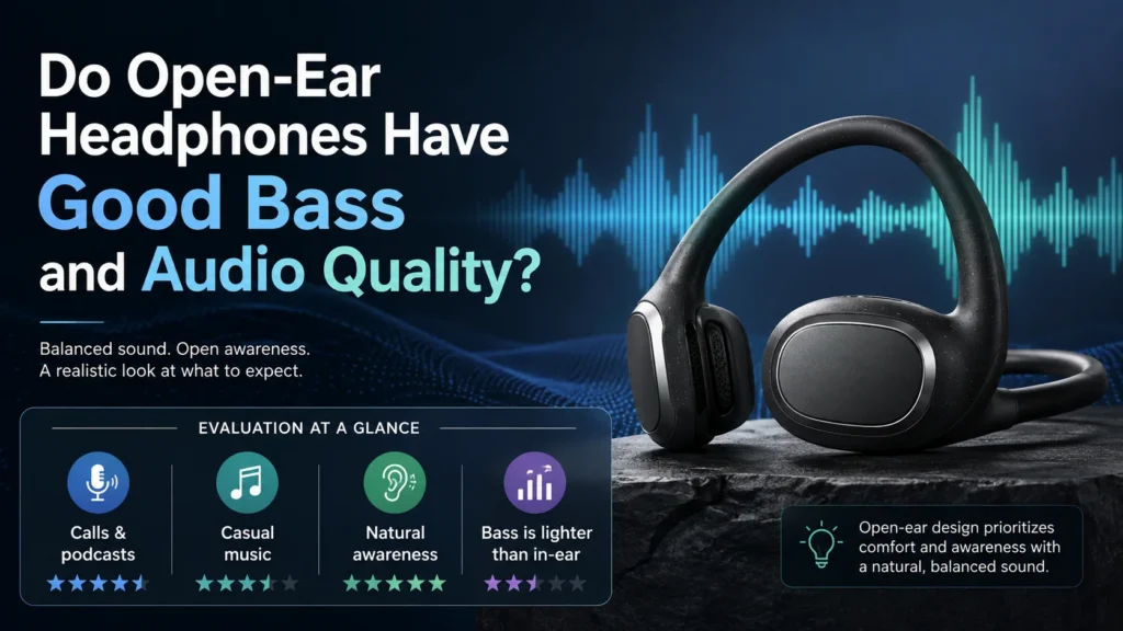 Open-ear headphones with evaluation on audio quality and bass displayed against a blue sound wave background.