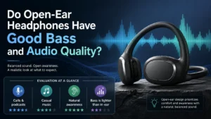 Open-ear headphones with evaluation on audio quality and bass displayed against a blue sound wave background.