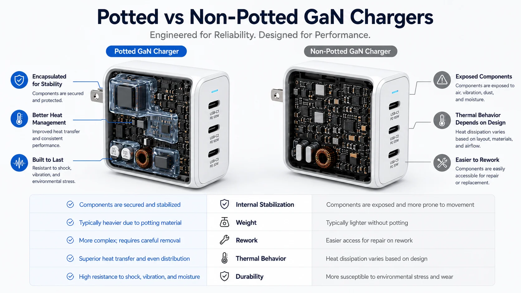 Potted vs non-potted GaN charger comparison Potted versus non-potted GaN charger potting technology comparison