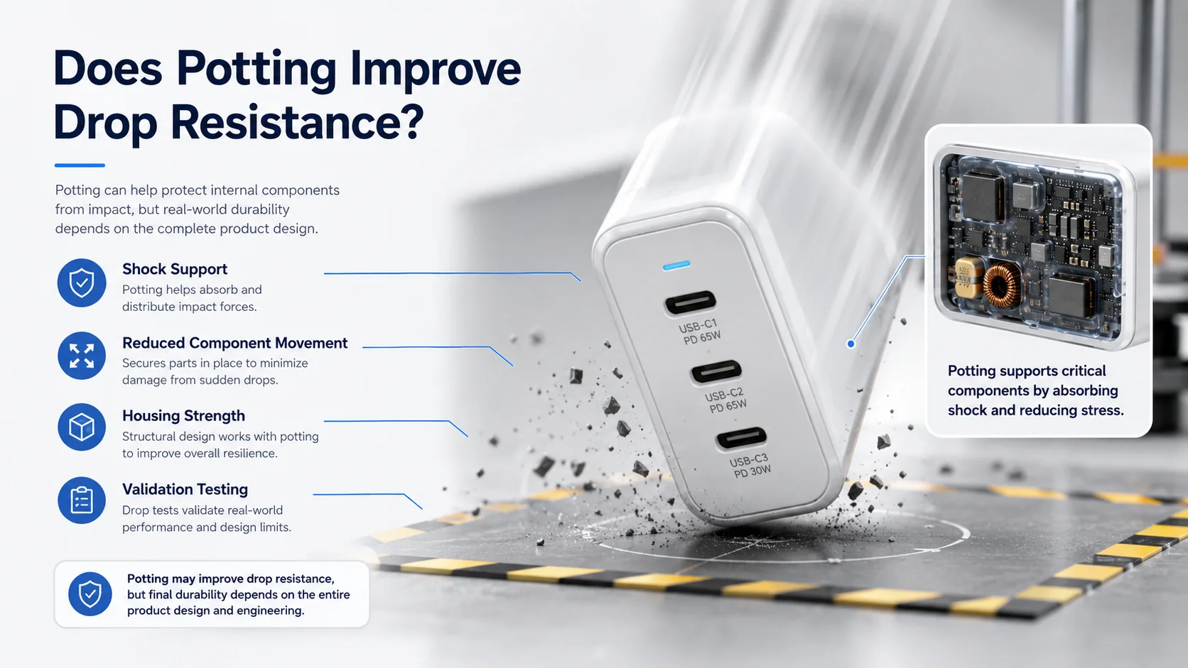 GaN charger drop resistance quality checks GaN charger potting technology for shock and vibration resistance