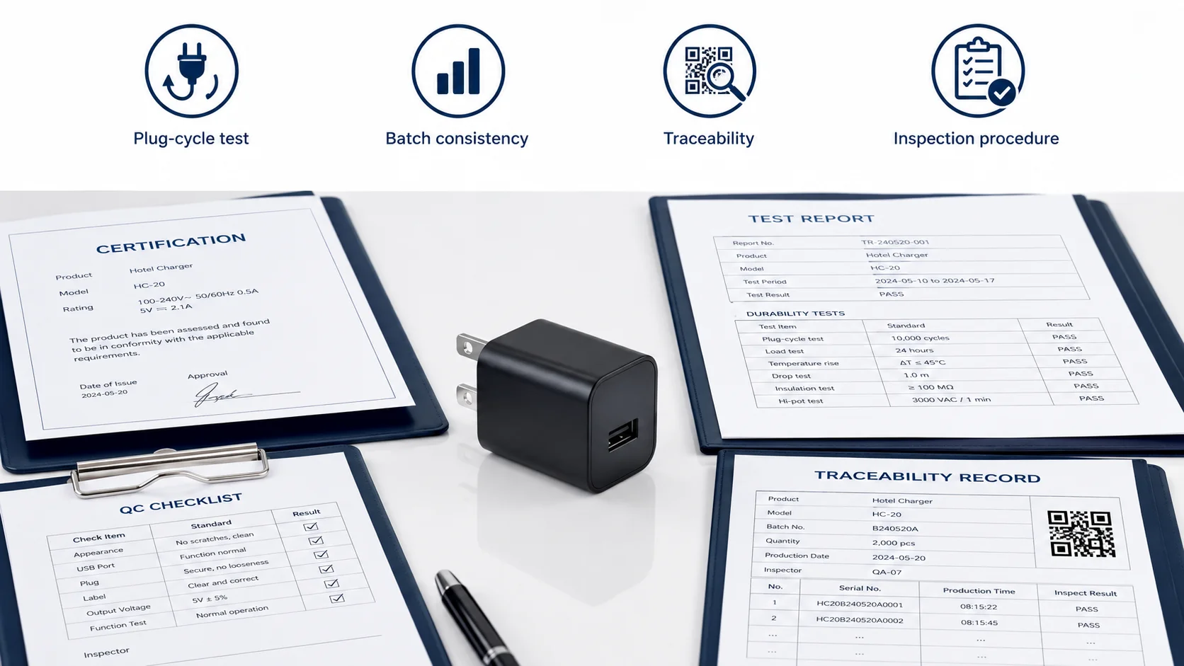 Hotel charger certification and durability verification Certified hotel charging solutions with quality control documentation