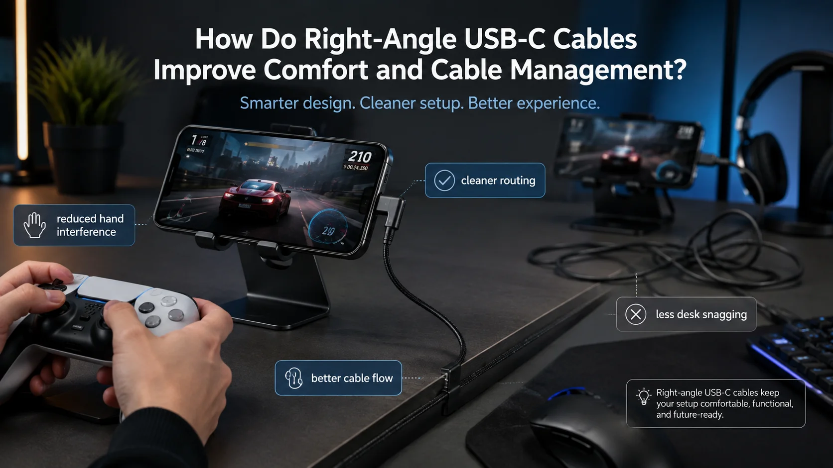 Right-angle USB-C cables with clean cable management for gaming