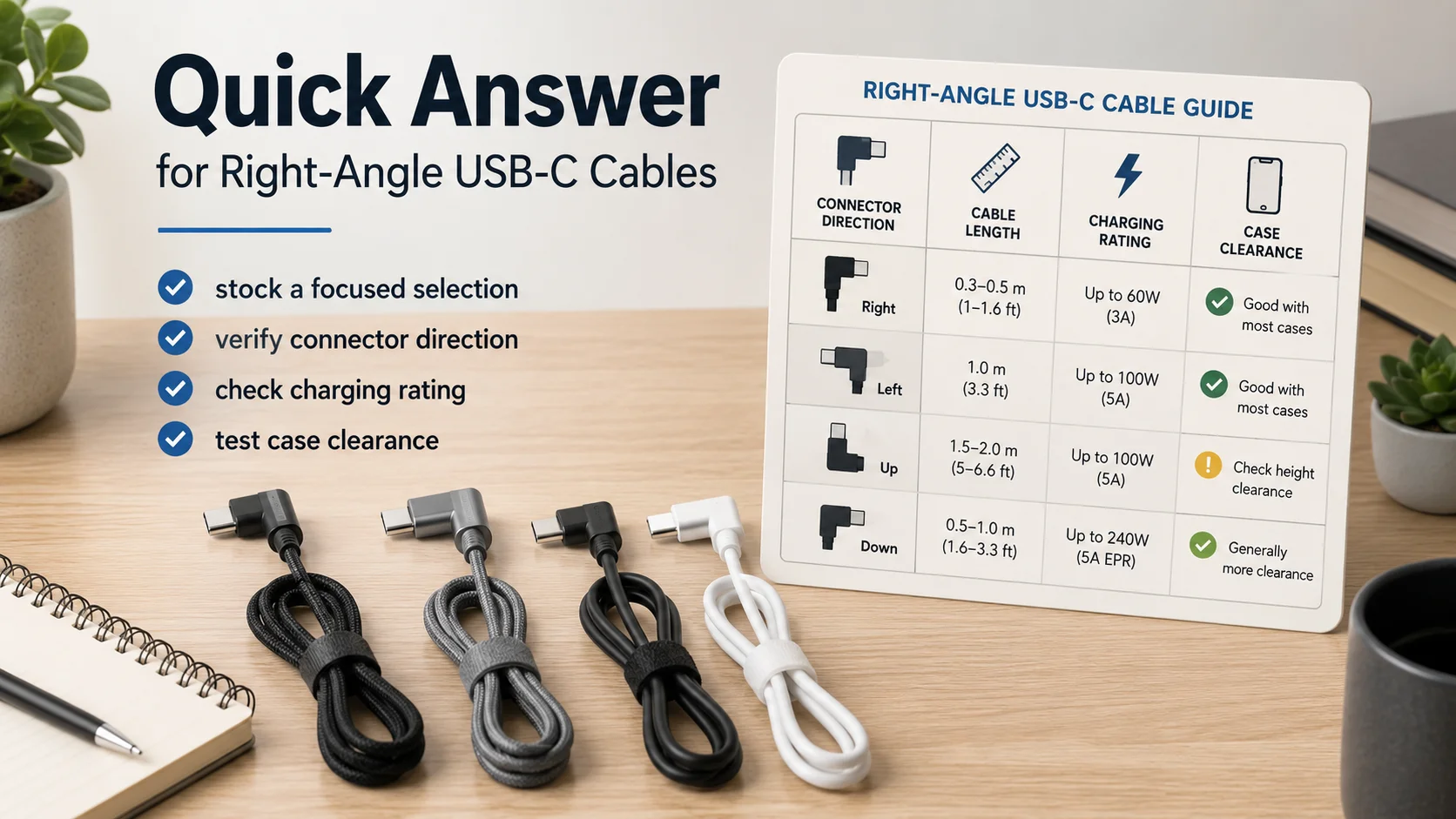 Right-angle USB-C cable connector direction for landscape gaming
