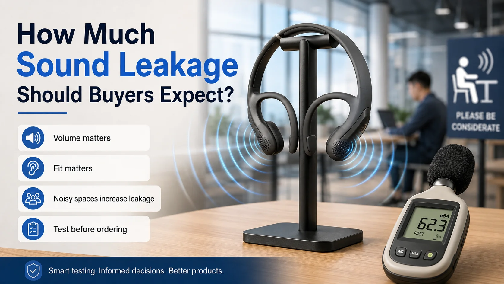 Open-ear headphones sound leakage testing for wholesale buyers