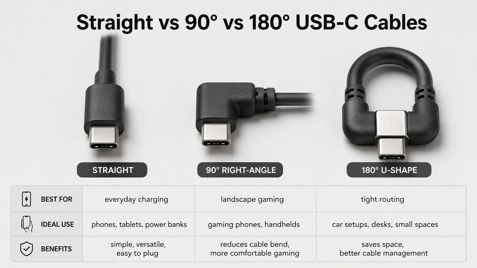 Comparison of straight 90-degree and 180-degree right-angle USB-C cables