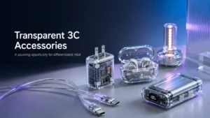 Selection of transparent 3C accessories including charger, earbuds, power bank, and cables, displayed on a sleek surface.