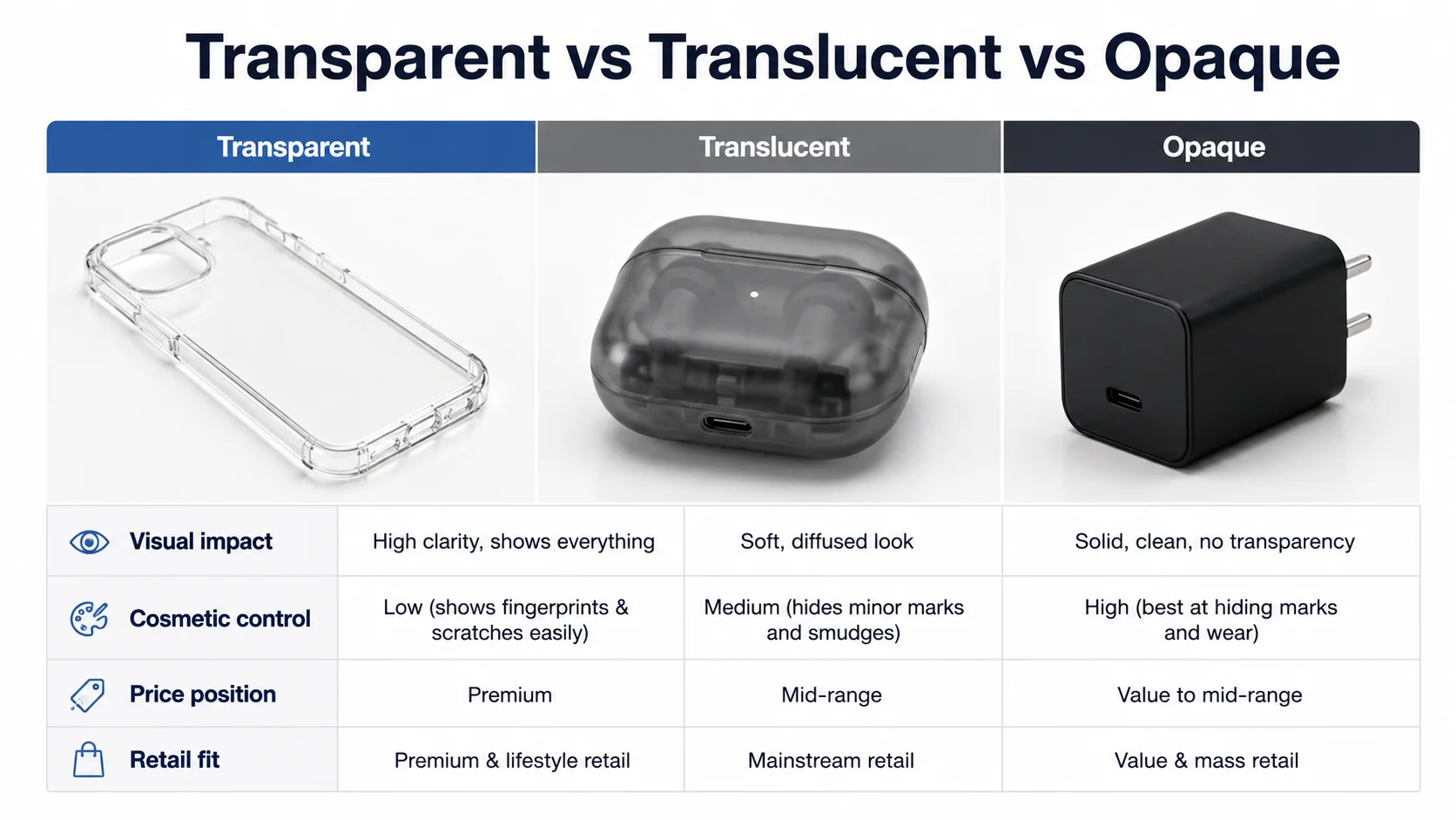 Transparent vs Translucent 3C Accessories Transparent 3C accessories compared with translucent and opaque electronic housings