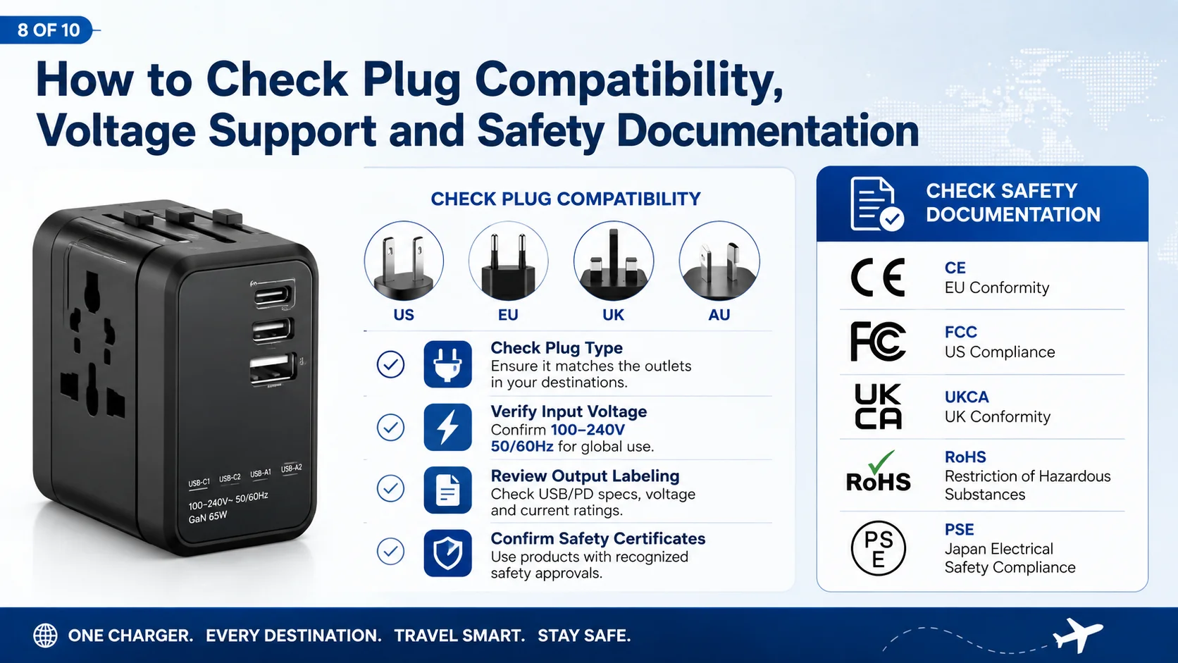 Travel charger plug and compliance checks Travel chargers with plug compatibility and safety certification documents