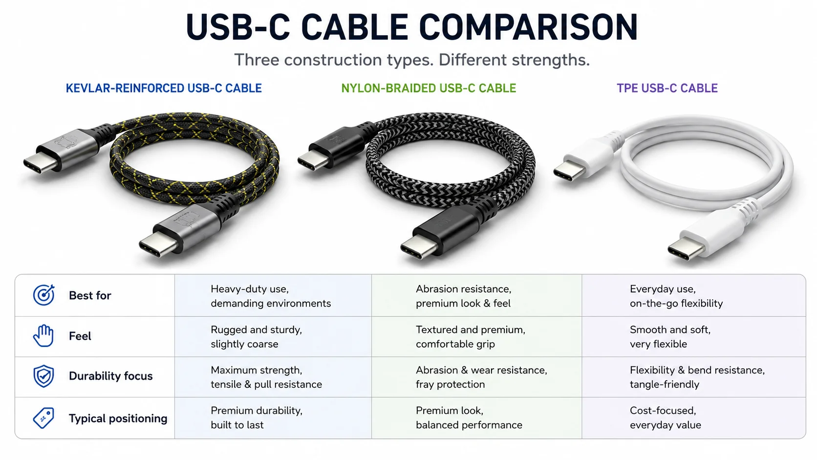 Kevlar vs Nylon Braided vs TPE USB-C Cables Kevlar-reinforced USB-C cables compared with nylon braided and TPE cables