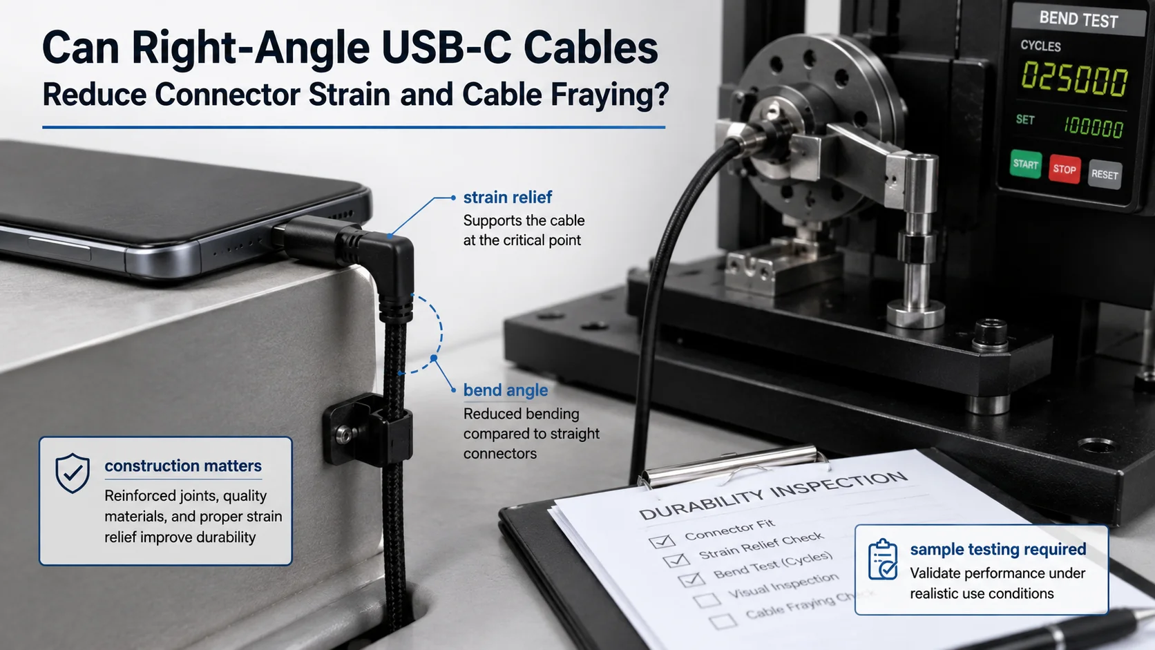 Right-angle USB-C cable strain relief and connector construction