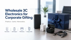 Assorted 3C electronics including a power bank, GaN charger, TWS earbuds, and charging cables alongside a blue gift box on a table.